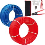 1/2 Inch PEX-B Pipe/Tool Kit: Blue & Red Each 100 Feet PEX Tubing with 62 Pack PEX Fittings - 40 Pcs Pex Stainless Steel Clamps, 2 Drop-Ear Elbow, 10 Elbow, 5 Tee, 5 Coupling