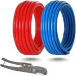 1/2 Inch PEX-B Pipe/Tool Kit: Blue & Red Each 100 Feet PEX Tubing with 62 Pack PEX Fittings - 40 Pcs Pex Stainless Steel Clamps, 2 Drop-Ear Elbow, 10 Elbow, 5 Tee, 5 Coupling