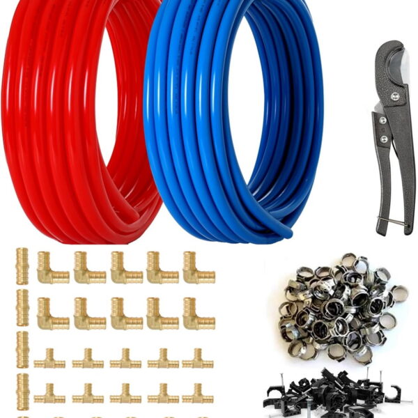 1/2 Inch Pex Tubing Plumbing Pipe,GUOFIS 200ft Pex Pipe(Blue & Red Each 100ft) with Fittings Kit