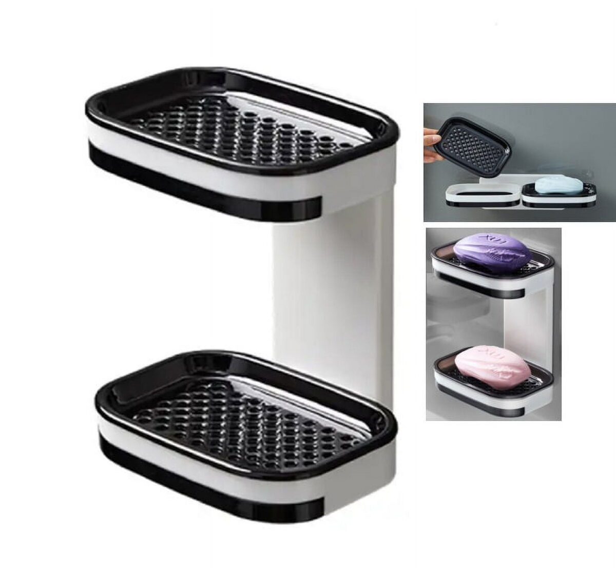 1 Pack Wall-Mounted Double Layer Soap Dish with Draining Tray - Adhesive Bathroom and Shower Soap Holder TIKA