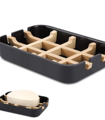 1 Pack Wooden Bamboo Square Soap Dishes for Bar Soap Holder for Shower with Drain for Bathroom Small Soap Dish Detachable (Black)