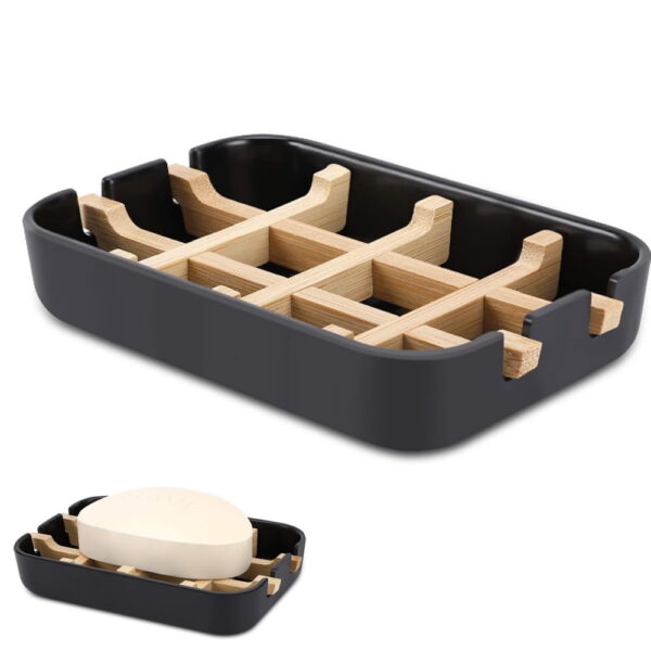 1 Pack Wooden Bamboo Square Soap Dishes for Bar Soap Holder for Shower with Drain for Bathroom Small Soap Dish Detachable (Black)