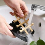 1 Pack Wooden Bamboo Square Soap Dishes for Bar Soap Holder for Shower with Drain for Bathroom Small Soap Dish Detachable (Black)