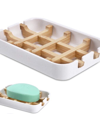 1 Pack Wooden Bamboo Square Soap Dishes for Bar Soap Holder for Shower with Drain for Bathroom Small Soap Dish Detachable (White)