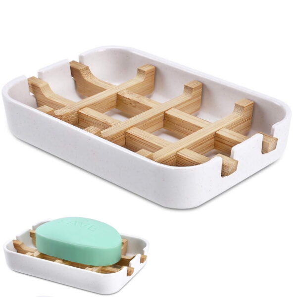 1 Pack Wooden Bamboo Square Soap Dishes for Bar Soap Holder for Shower with Drain for Bathroom Small Soap Dish Detachable (White)