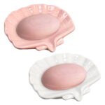 2 Pack Ceramic Soap Dishes - Stylish Seashell Soap Dishes | Decorative Soap Trays for Bathroom & Shower - Self-Draining, Non-Slip | Doubles as Jewelry Holder (White & Pink)