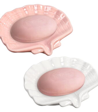 2 Pack Ceramic Soap Dishes - Stylish Seashell Soap Dishes | Decorative Soap Trays for Bathroom & Shower - Self-Draining, Non-Slip | Doubles as Jewelry Holder (White & Pink)
