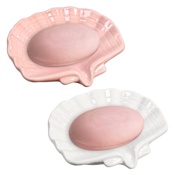 2 Pack Ceramic Soap Dishes - Stylish Seashell Soap Dishes | Decorative Soap Trays for Bathroom & Shower - Self-Draining, Non-Slip | Doubles as Jewelry Holder (White & Pink)