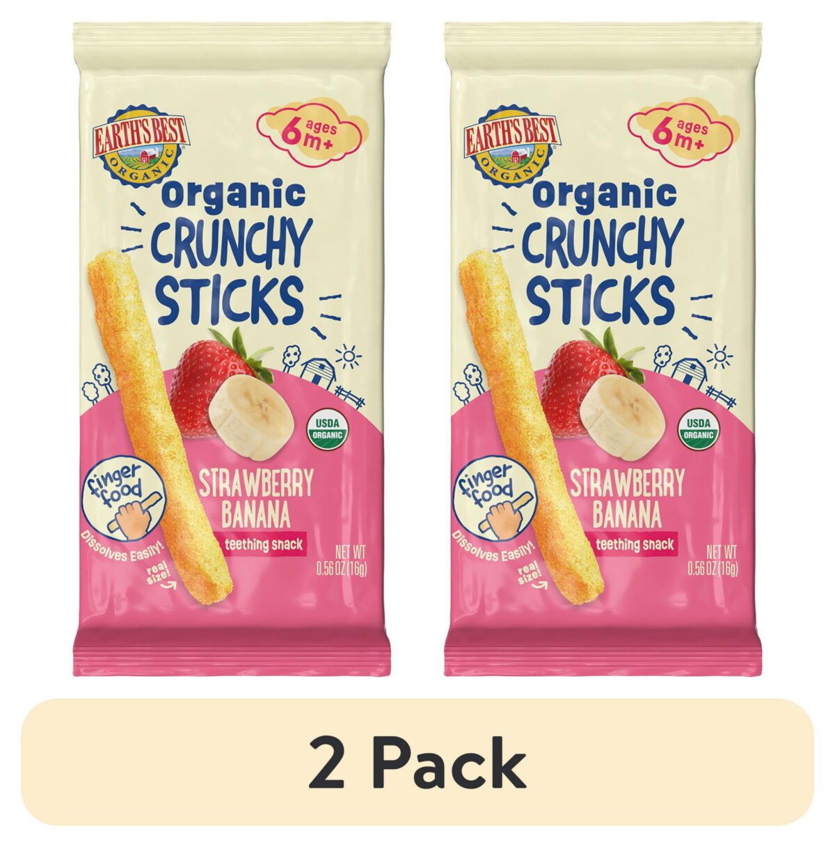 (2 pack) Earth's Best Organic Teething Crunchy Sticks Strawberry Banana Puffed Baby Snack, 0.56 oz Bag