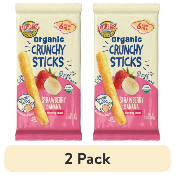 (2 pack) Earth's Best Organic Teething Crunchy Sticks Strawberry Banana Puffed Baby Snack, 0.56 oz Bag