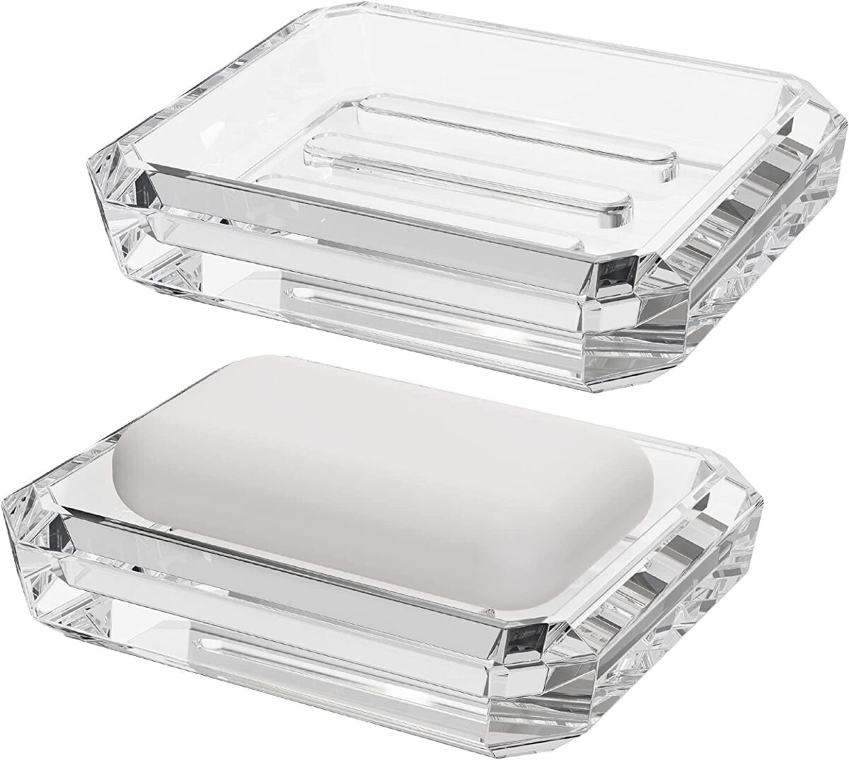 2 Pack Rectangle Glass Soap Dish, Bar Soap Sponge Holder for Bathroom Shower Countertop, Soap Saver Tray Plate (Clear)