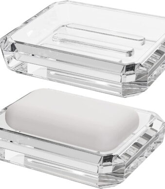 2 Pack Rectangle Glass Soap Dish, Bar Soap Sponge Holder for Bathroom Shower Countertop, Soap Saver Tray Plate (Clear)