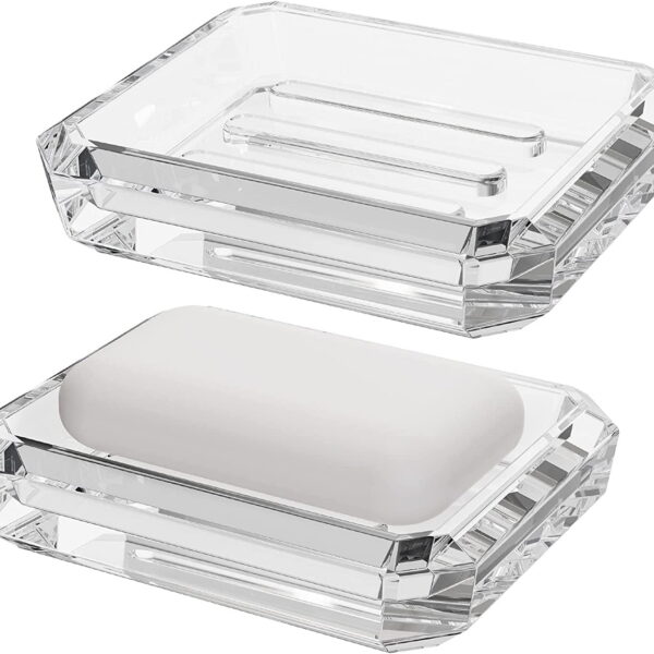 2 Pack Rectangle Glass Soap Dish, Bar Soap Sponge Holder for Bathroom Shower Countertop, Soap Saver Tray Plate (Clear)