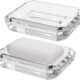 2 Pack Rectangle Glass Soap Dish, Bar Soap Sponge Holder for Bathroom Shower Countertop, Soap Saver Tray Plate (Clear)