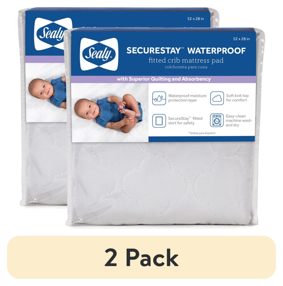 (2 pack) Sealy SecureStay Waterproof Crib Mattress Pad, Easy Clean Washable, Crib/Toddler Bed, White