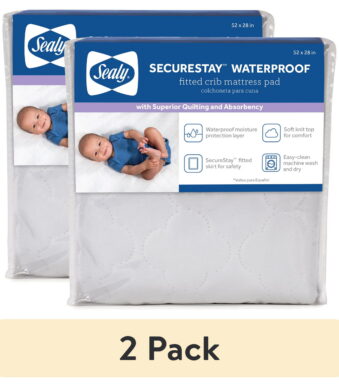 (2 pack) Sealy SecureStay Waterproof Crib Mattress Pad, Easy Clean Washable, Crib/Toddler Bed, White