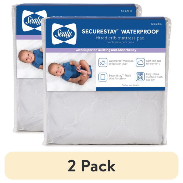 (2 pack) Sealy SecureStay Waterproof Crib Mattress Pad, Easy Clean Washable, Crib/Toddler Bed, White