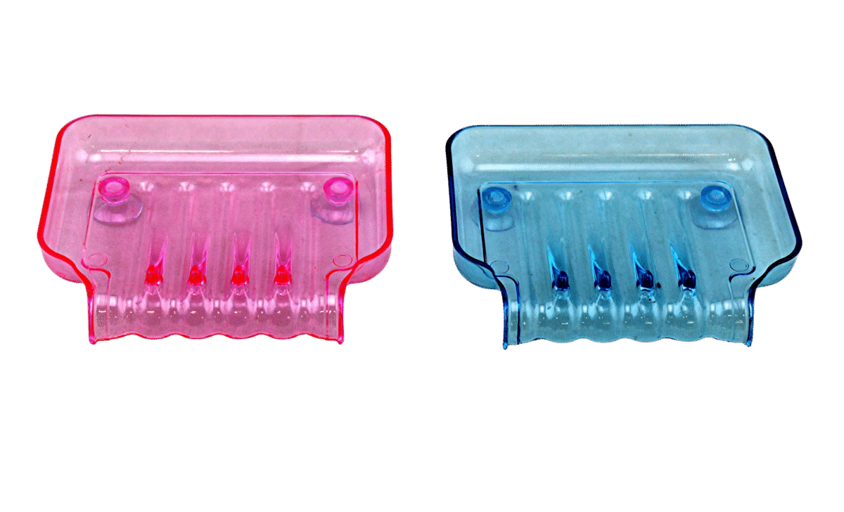 2 Pack Waterfall Soap Dish Set with Suction Cups – Plastic Drain Trays for Sink or Bathtub – Pink & Blue Soap Dishes by Dependable Industries