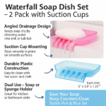 2 Pack Waterfall Soap Dish Set with Suction Cups – Plastic Drain Trays for Sink or Bathtub – Pink & Blue Soap Dishes by Dependable Industries
