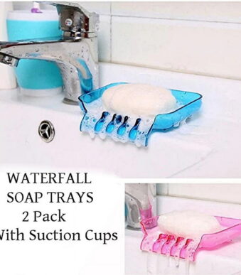 2 Pack Waterfall Soap Dish Set with Suction Cups – Plastic Drain Trays for Sink or Bathtub – Pink & Blue Soap Dishes by Dependable Industries