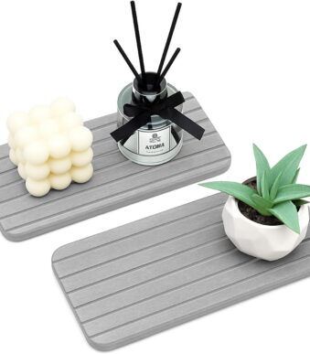 2 Pcs Water Absorbing Stone Drying Trays for Bathroom Sink Kitchen Counter Soap Dish Dispenser Sponge Holder White Ceramic Bathroom Vanity Quick Dry Stone Mat for Kitchen Sink...