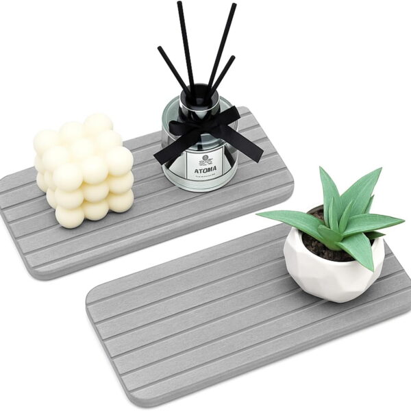 2 Pcs Water Absorbing Stone Drying Trays for Bathroom Sink Kitchen Counter Soap Dish Dispenser Sponge Holder White Ceramic Bathroom Vanity Quick Dry Stone Mat for Kitchen Sink...
