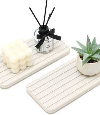 2 Pcs Water Absorbing Stone Drying Trays for Bathroom Sink Kitchen Counter Soap Dish Dispenser Sponge Holder White Ceramic Bathroom Vanity Quick Dry Stone Mat for Kitchen Sink...