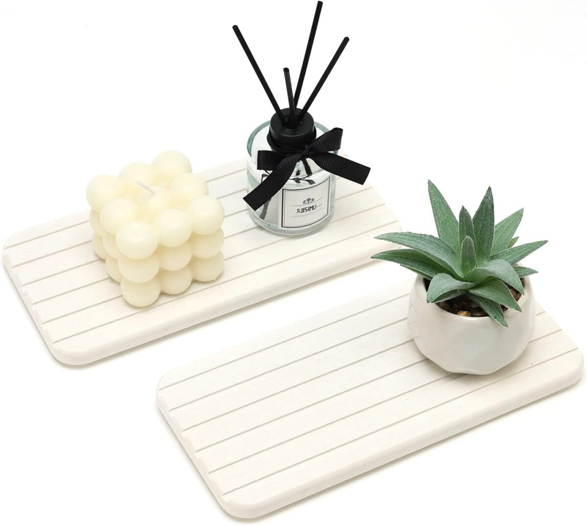 2 Pcs Water Absorbing Stone Drying Trays for Bathroom Sink Kitchen Counter Soap Dish Dispenser Sponge Holder White Ceramic Bathroom Vanity Quick Dry Stone Mat for Kitchen Sink...