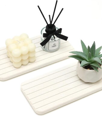 2 Pcs Water Absorbing Stone Drying Trays for Bathroom Sink Kitchen Counter Soap Dish Dispenser Sponge Holder White Ceramic Bathroom Vanity Quick Dry Stone Mat for Kitchen Sink...