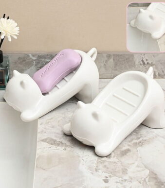 2PCS Cute Cat-Shaped Soap Dish Holder - Durable Plastic Bathroom Decor with Drain Holes, Non-Slip Adorable Cartoon Soap Saver for Kitchen Sink, Countertop, Shower (BPA-Free,...