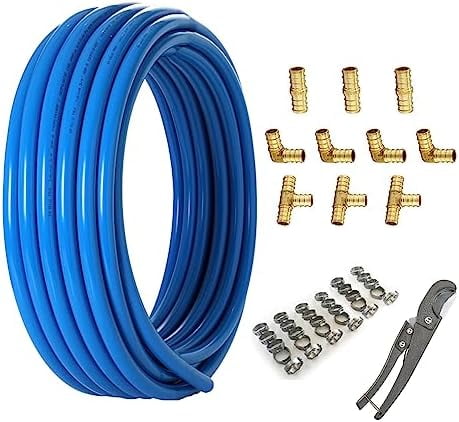 3/4 Inch PEX-B Pipe, 1Roll 100 Feet Length Blue PEX Tubing Pipes for DIY/Repair Kit, with 3/4" Barb Crimp Brass Fittings-Elbow Tee Coupler(10 PCS), 3/4" Cinch Clamps (30 PCS)...