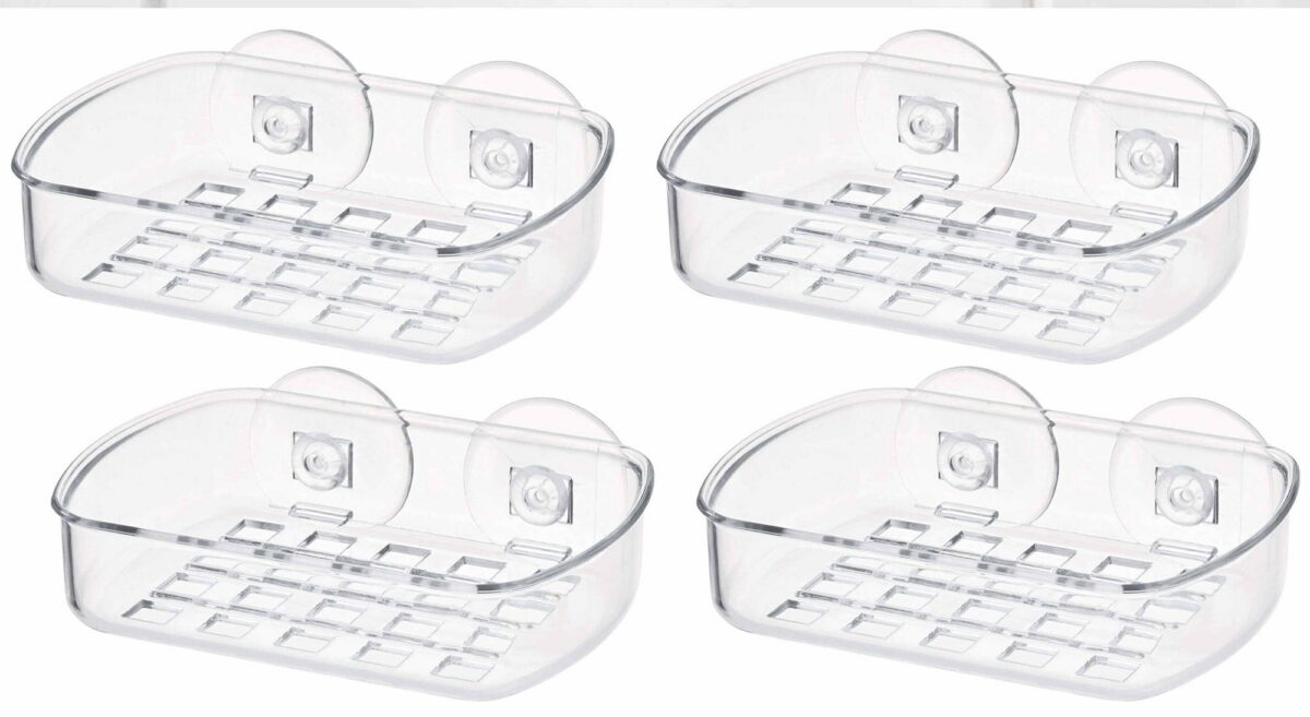 4 Clear Soap Dish Suction Cup Drain Holder Bar Saver Tray Bathroom Shower Rack