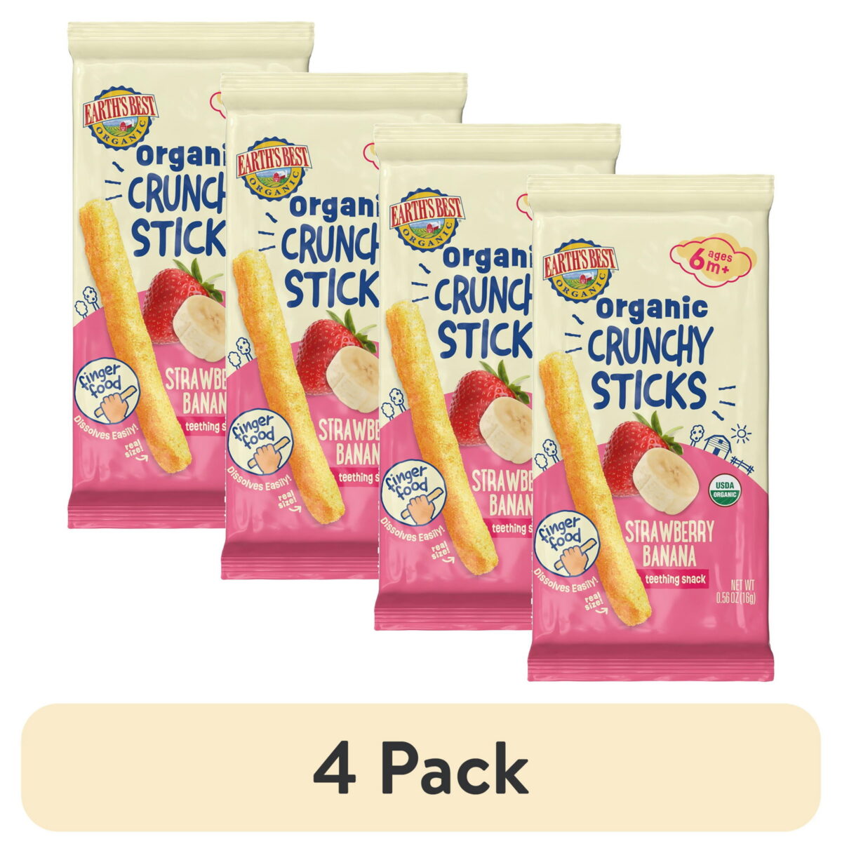 (4 pack) Earth's Best Organic Teething Crunchy Sticks Strawberry Banana Puffed Baby Snack, 0.56 oz Bag