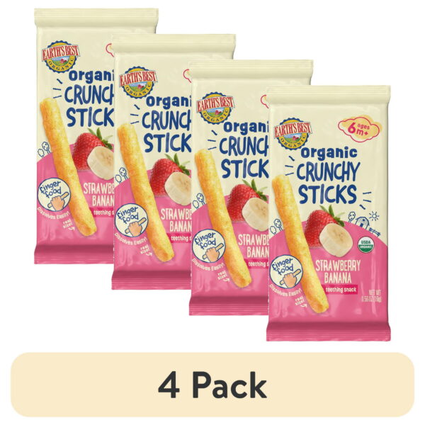 (4 pack) Earth's Best Organic Teething Crunchy Sticks Strawberry Banana Puffed Baby Snack, 0.56 oz Bag