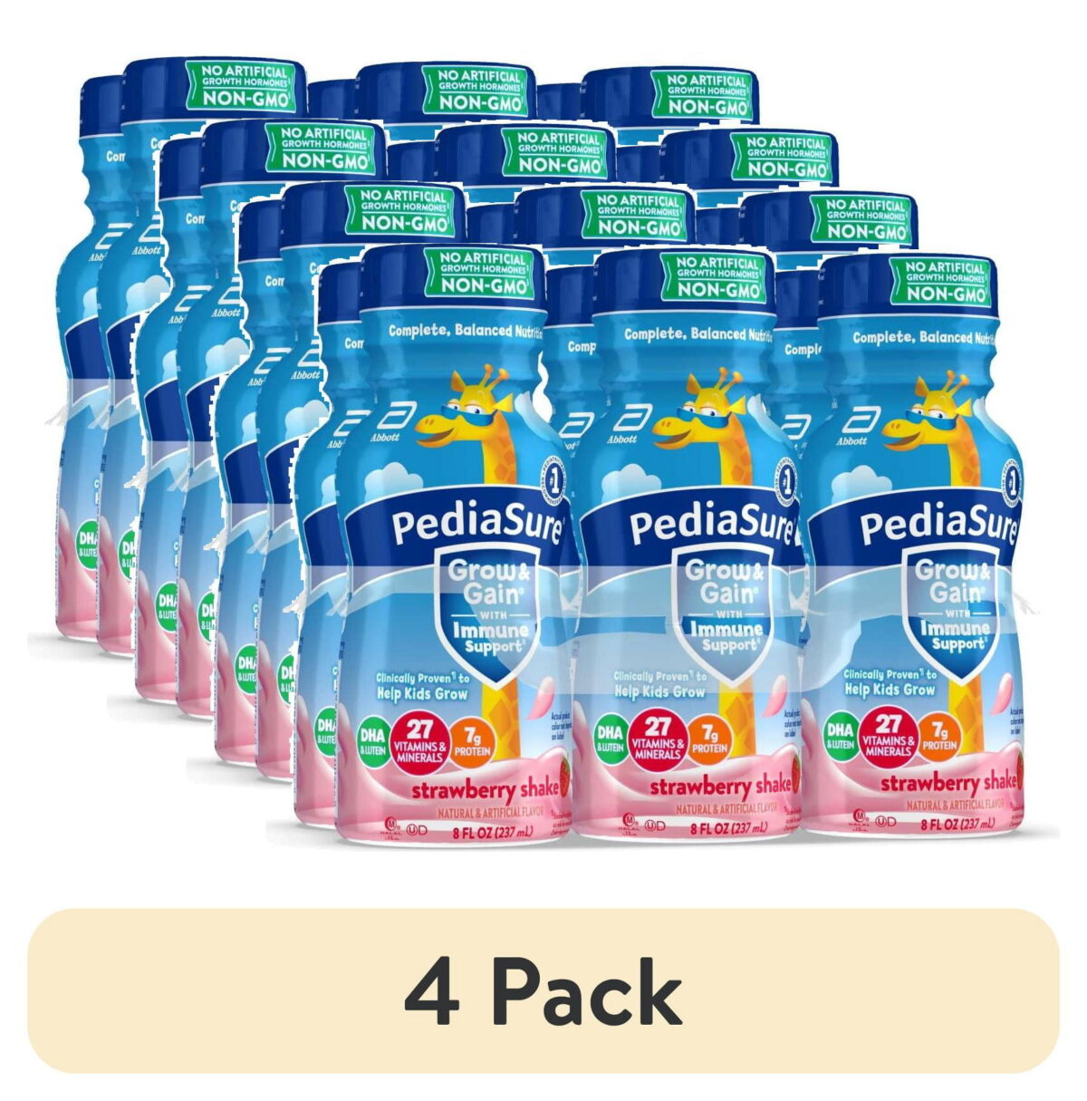 (4 pack) PediaSure Grow & Gain with Immune Support, 7g Protein, Strawberry, 8-fl-oz Bottle, 6 Shakes