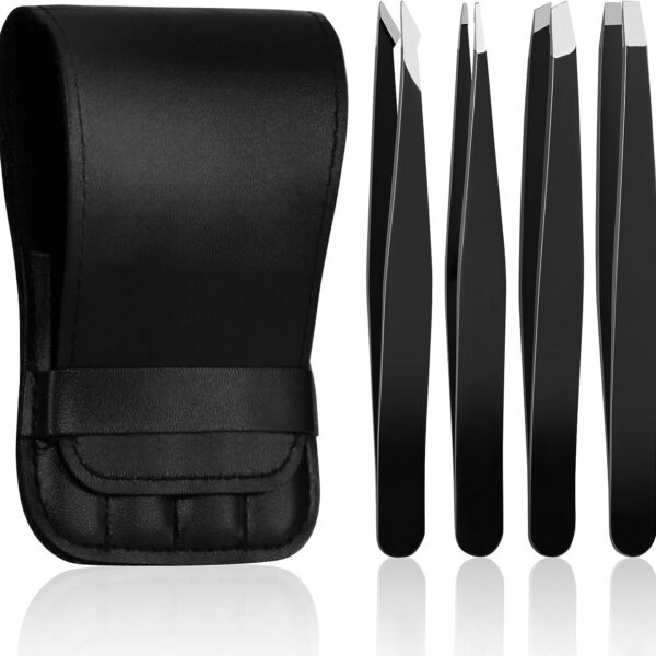 4 Pcs Tweezers Set, Stainless Steel Hair Removal Makeup Tool, Gift, Black
