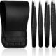 4 Pcs Tweezers Set, Stainless Steel Hair Removal Makeup Tool, Gift, Black