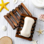 5 Pieces Wooden Soap Dish Holder Home Bathroom Hand Craft Wood Case Holder Draining for Soap Sponge Scrubber (Charcoal)