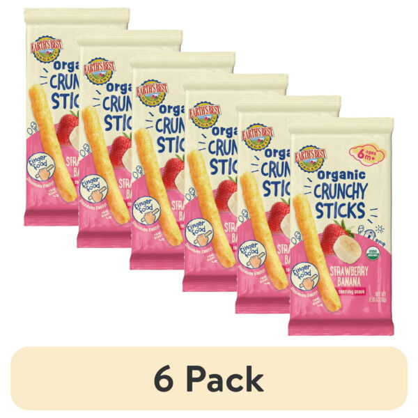 (6 pack) Earth's Best Organic Teething Crunchy Sticks Strawberry Banana Puffed Baby Snack, 0.56 oz Bag