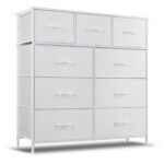 9 Drawer Dresser, Wide Chest Of Drawers Nightstand Storage Tower Storage Dresser Fabric Dresser With Wood Top for Living Room, Bedroom, Hallway, White