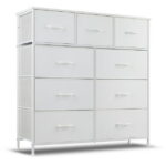 9 Drawer Dresser, Wide Chest Of Drawers Nightstand Storage Tower Storage Dresser Fabric Dresser With Wood Top for Living Room, Bedroom, Hallway, White