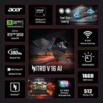 Acer Nitro V 16 AI WUXGA (1920 x 1200) IPS 180Hz Gaming Laptop AI PC, AMD Ryzen 5 240 Processor, NVIDIA® GeForce RTX™ 5050 8GB GDDR7 VRAM, 16GB RAM, 512GB SSD, Obsidian Black