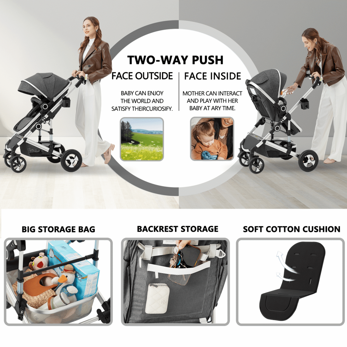 AILEEKISS 3-in-1 Convertible Baby Stroller with Big Seat and Adjustable Canopy, 24 Pound, Dark Grey