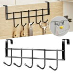 AQITTI Door Hooks Hanger Rack, Aluminum Utility Organizer Towel Hooks Holder for Kithchen Bathroom, 5 Hooks Over The Door Hanger Black -3.2Cm Wide