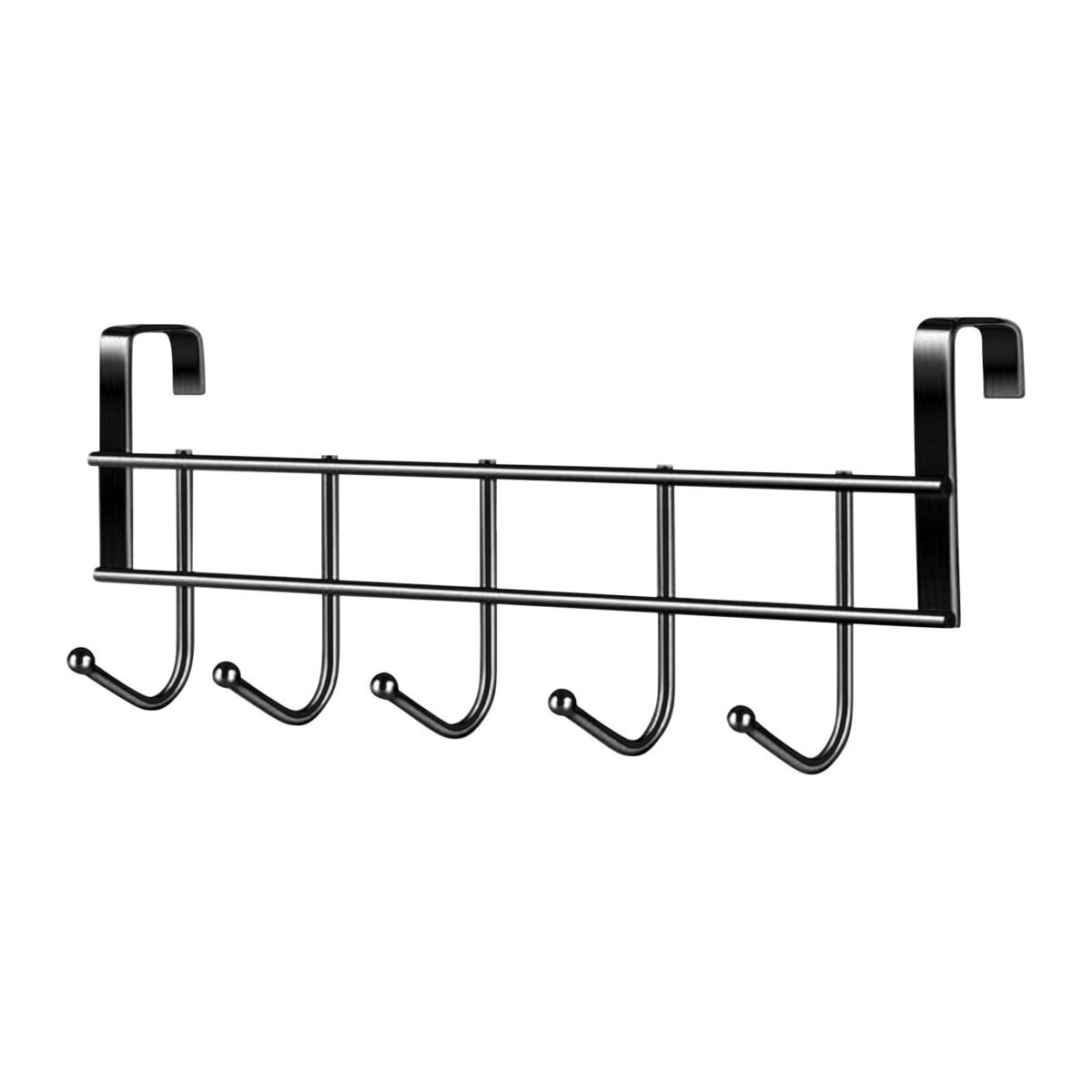AQITTI Door Hooks Hanger Rack, Aluminum Utility Organizer Towel Hooks Holder for Kithchen Bathroom, 5 Hooks Over The Door Hanger Black -3.2Cm Wide