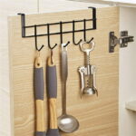 AQITTI Door Hooks Hanger Rack, Aluminum Utility Organizer Towel Hooks Holder for Kithchen Bathroom, 5 Hooks Over The Door Hanger Black -3.2Cm Wide