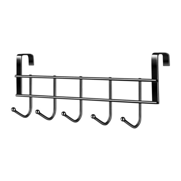 AQITTI Door Hooks Hanger Rack, Aluminum Utility Organizer Towel Hooks Holder for Kithchen Bathroom, 5 Hooks Over The Door Hanger Black -3.2Cm Wide
