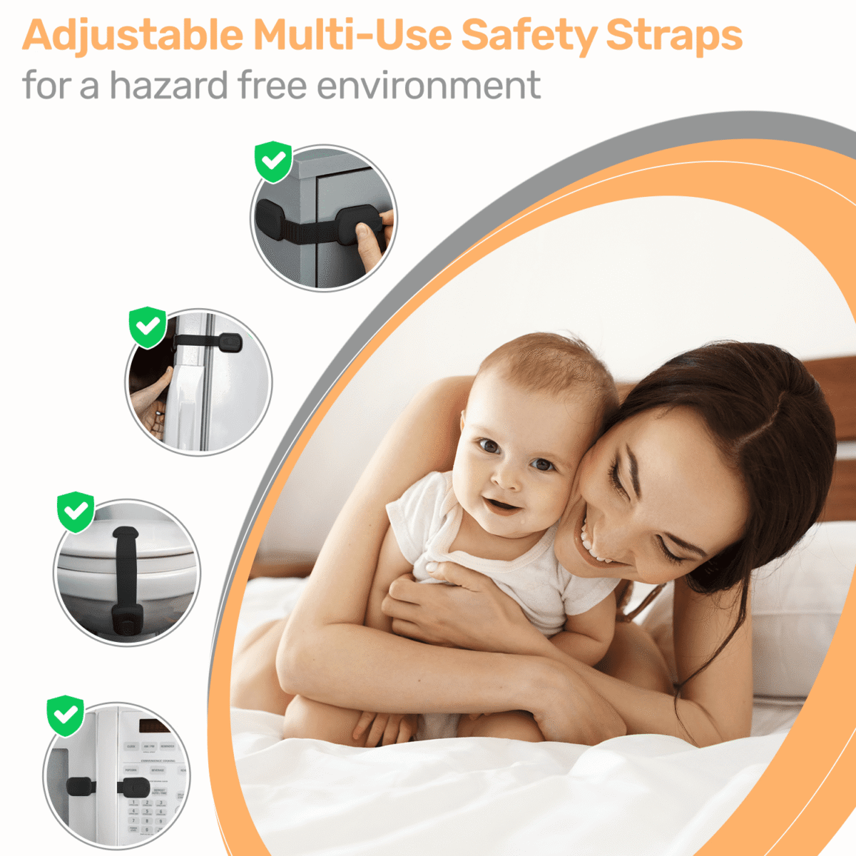 Baby Proof Me Safety Strap Locks – 12-Pack, 3M Adhesive Child Safety Latches for Cabinets, Dishwashers, Fridges, Ovens, Trash Cans, and Stain-Free Toilet Lock (Black)