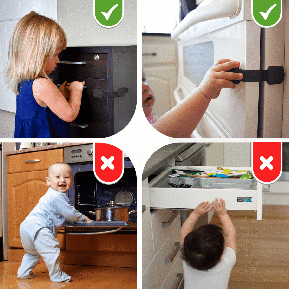 Baby Proof Me Safety Strap Locks – 12-Pack, 3M Adhesive Child Safety Latches for Cabinets, Dishwashers, Fridges, Ovens, Trash Cans, and Stain-Free Toilet Lock (Black)