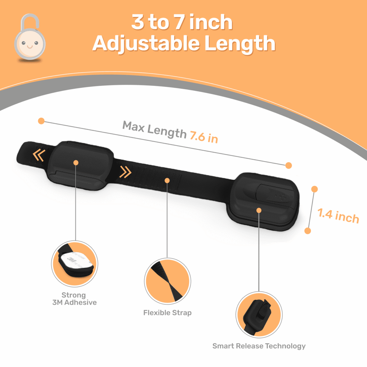 Baby Proof Me Safety Strap Locks – 12-Pack, 3M Adhesive Child Safety Latches for Cabinets, Dishwashers, Fridges, Ovens, Trash Cans, and Stain-Free Toilet Lock (Black)